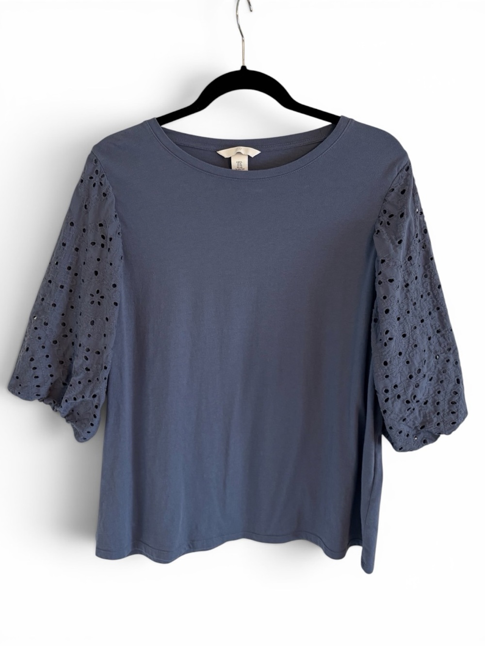 Women’s Blue Eyelet Puff Sleeve Top | 100% Cotton | Size XL
